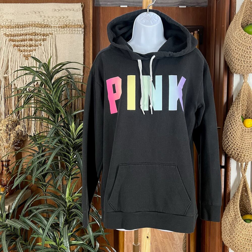 Y2K PINK Victoria’s Secret Campus Hoodie XS Black Rainbow Ombre Logo Pullover